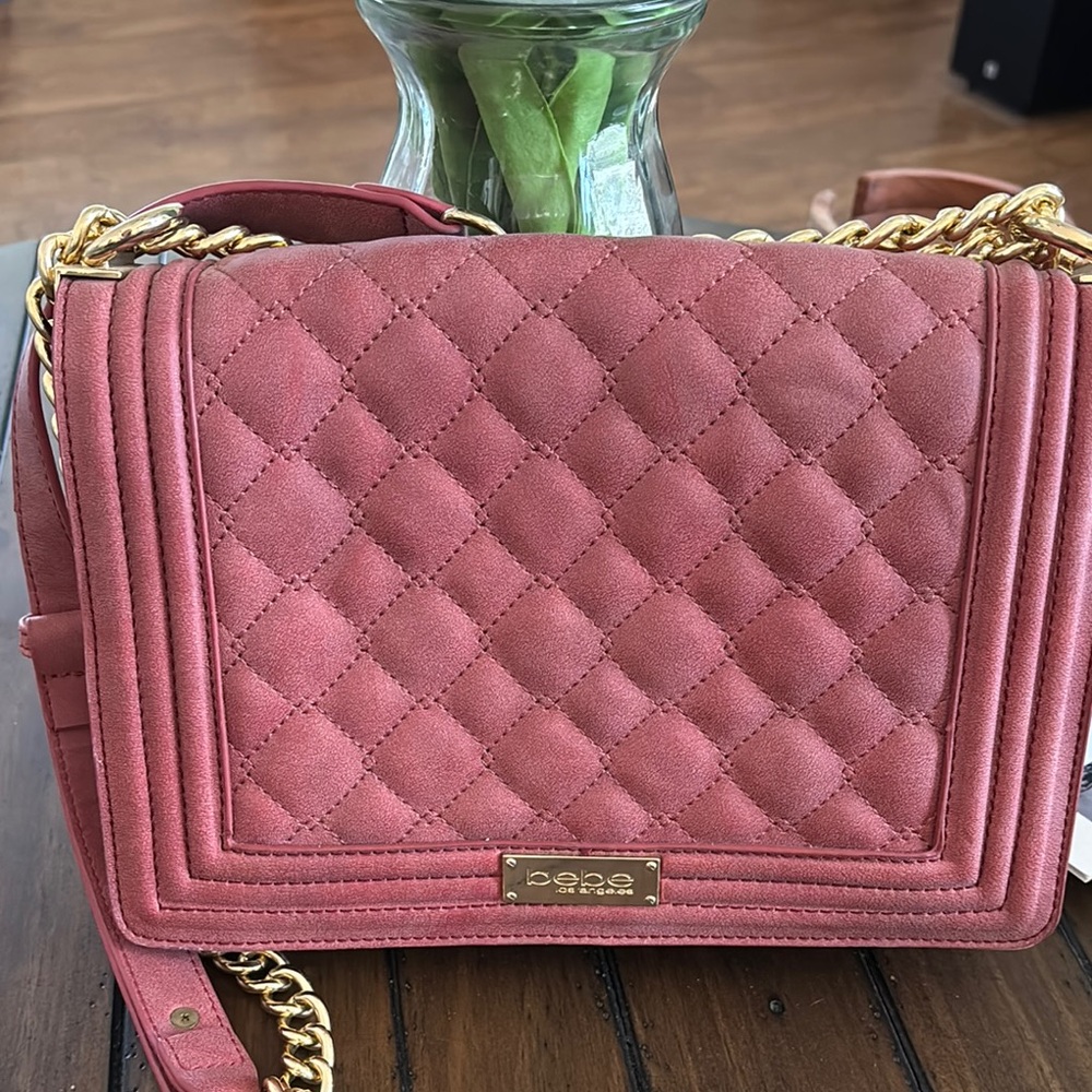 Bebe Soft Pink Crossbody Bag with Quilted Design and Gold Chain